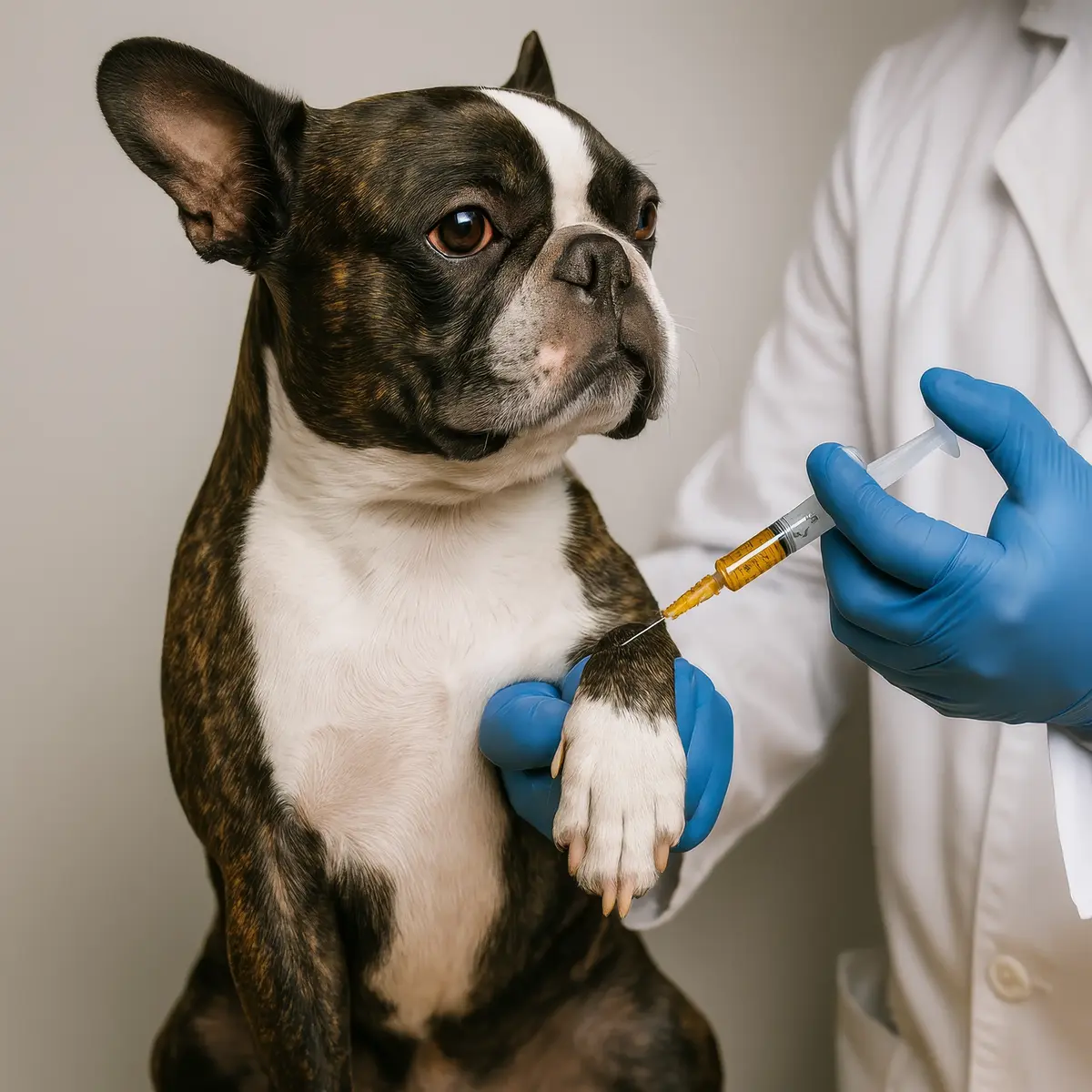 Veterinário com luvas azuis aplicando cuidadosamente uma vacina na pata de um cão da raça Boston Terrier.
